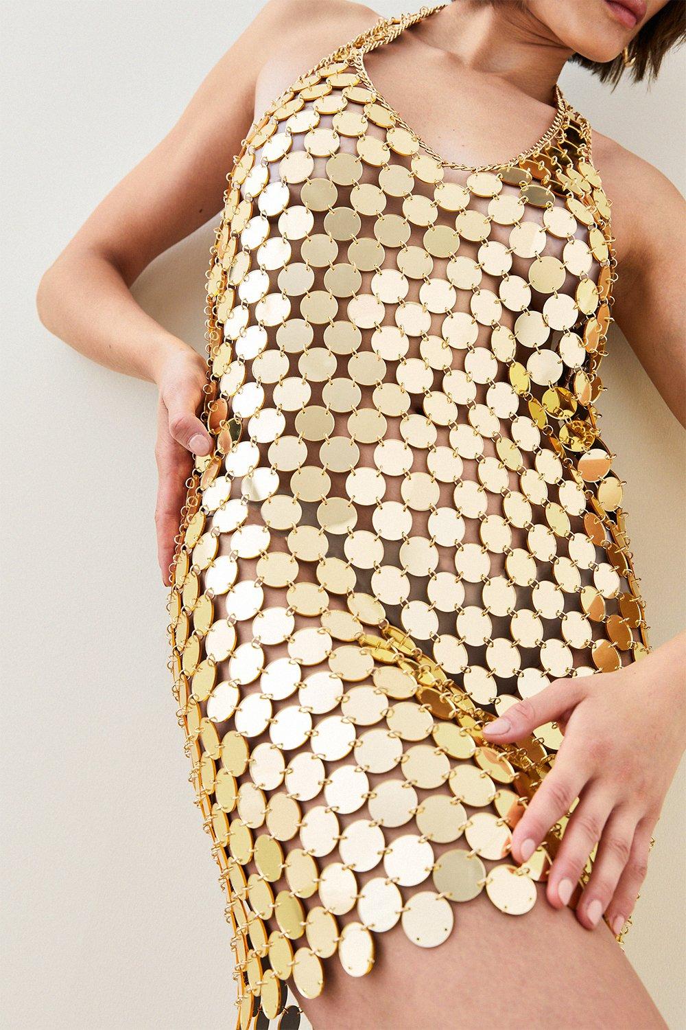 KAREN MILLEN ミニドレス スパンコール ホルターネック ゴールド Mirrored Disc Chain Halter Mini Dress | Karen Millen